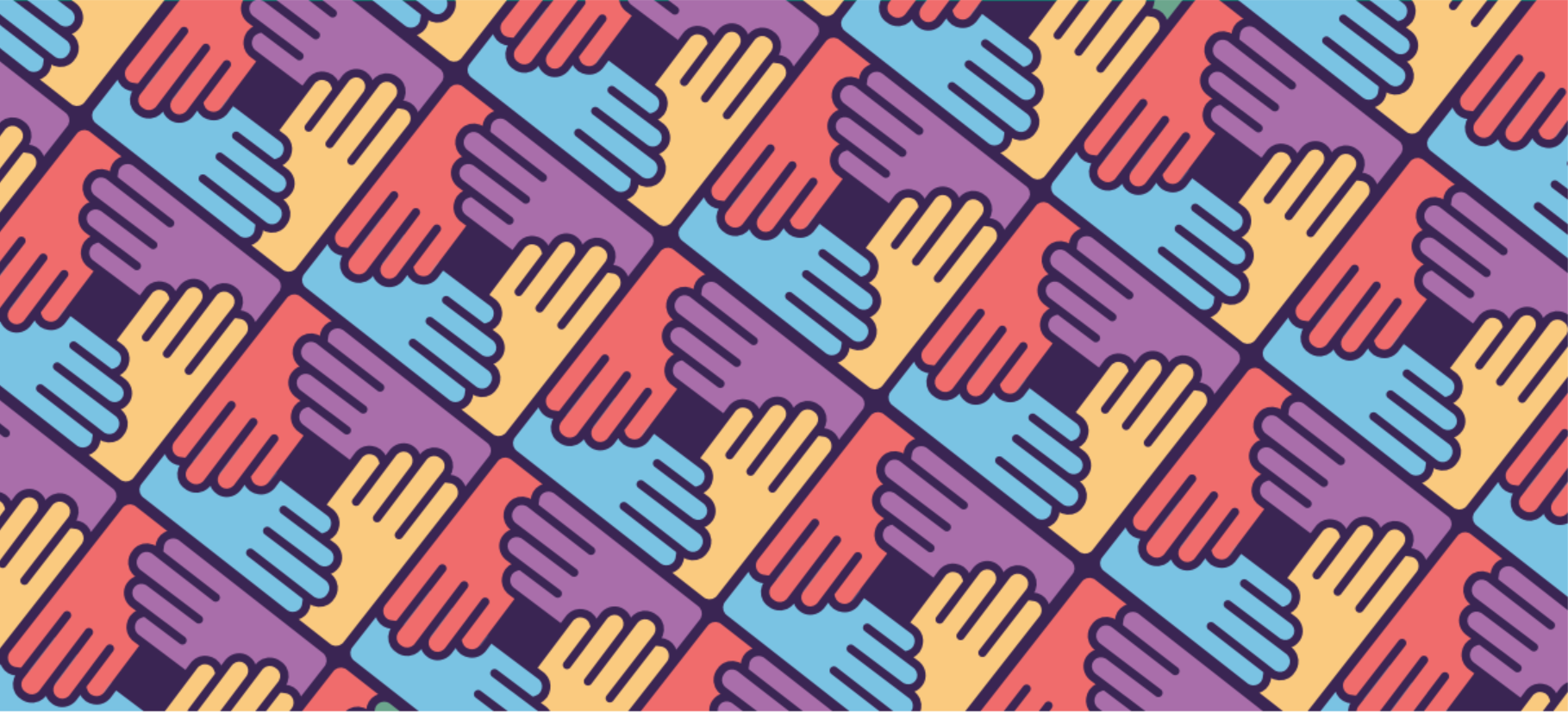 Nonprofit rebrand pattern - repeating logo of four interlocking hands in orange, purple, blue and yellow